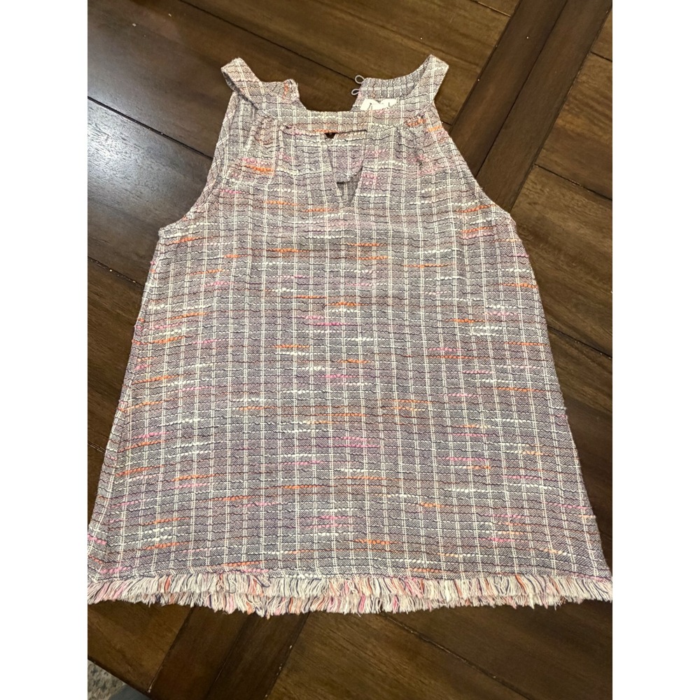 TKML Women's S Woven Tweed Fringe Hem Tank Top Boho Multicolor Pink Orange